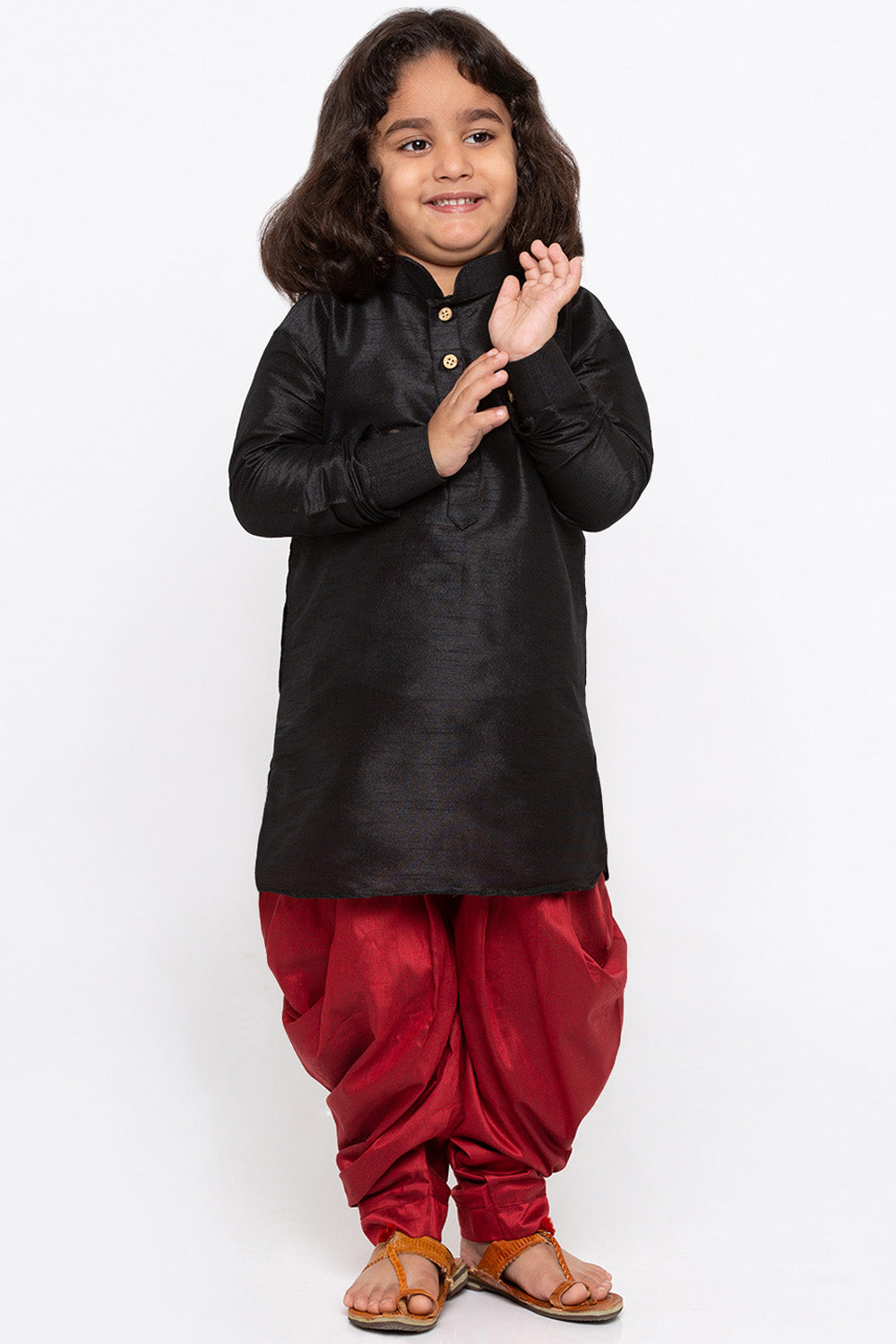 Boy's Cotton Art Silk Kurta Set In Black