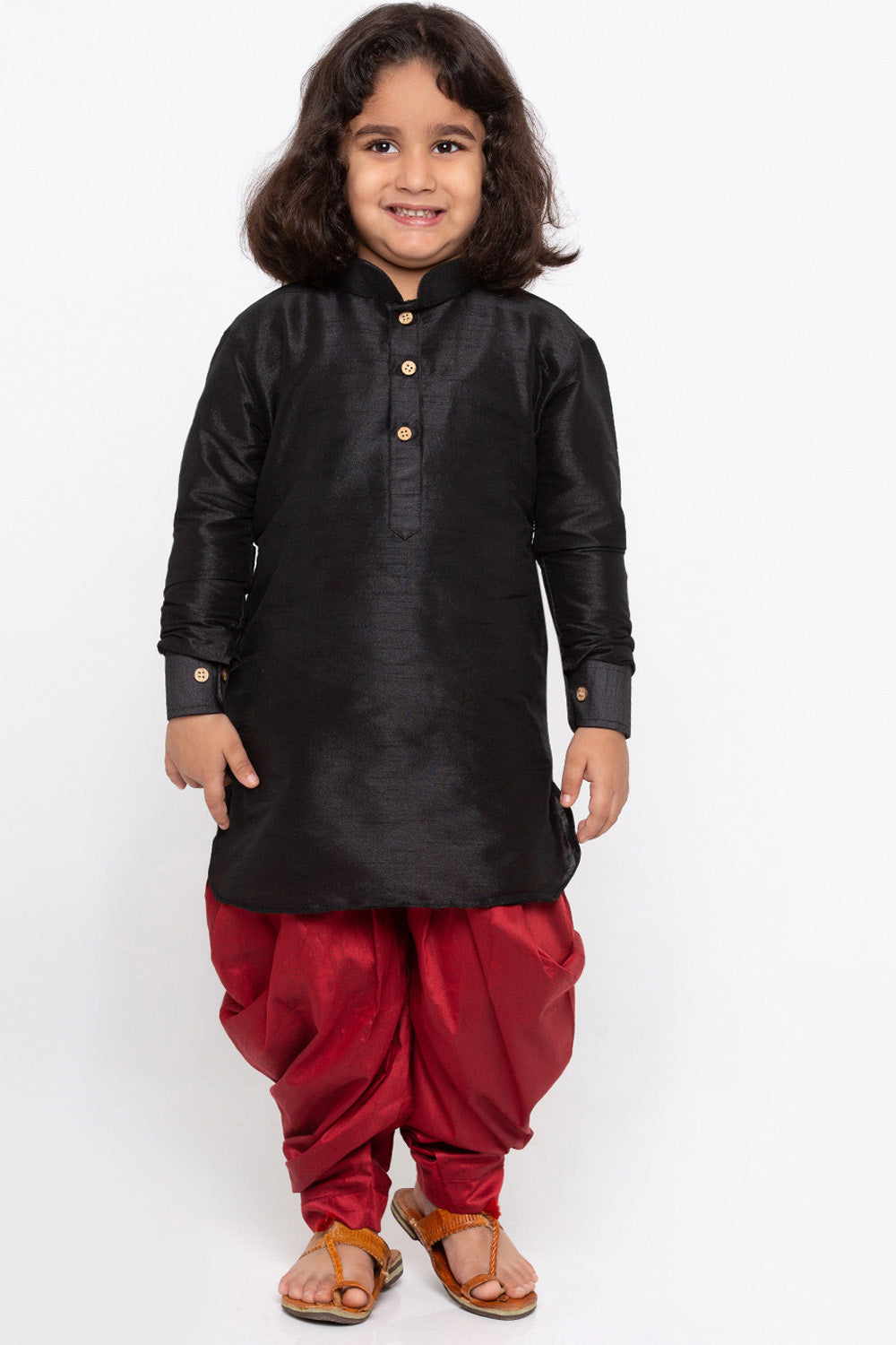 Boy's Cotton Art Silk Kurta Set In Black