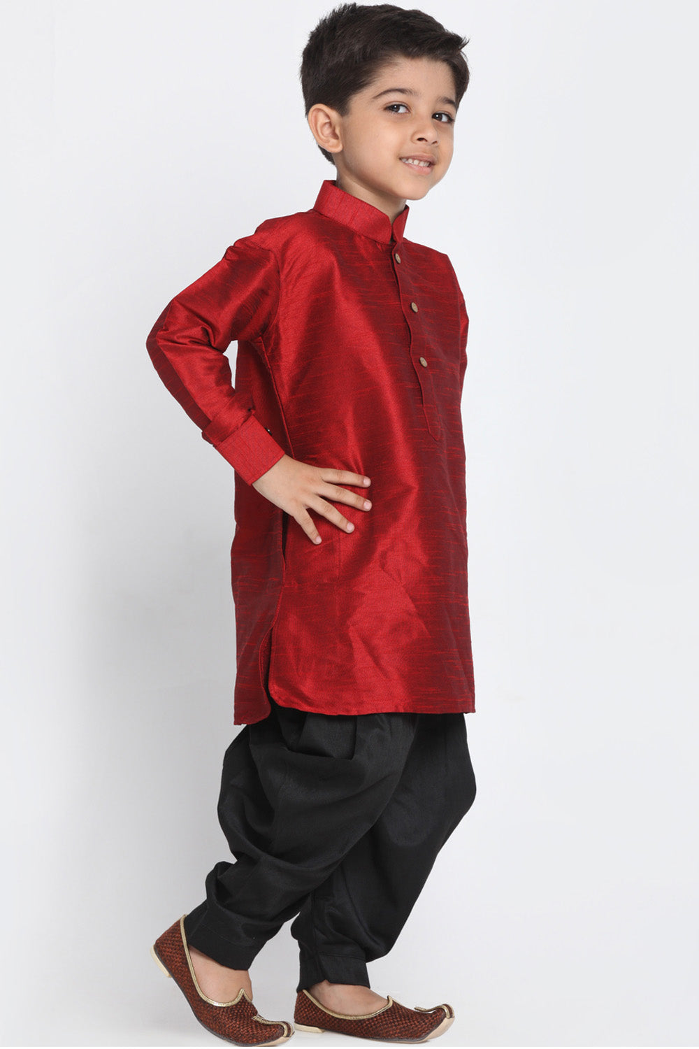 Boy's Cotton Art Silk Kurta Set In Maroon