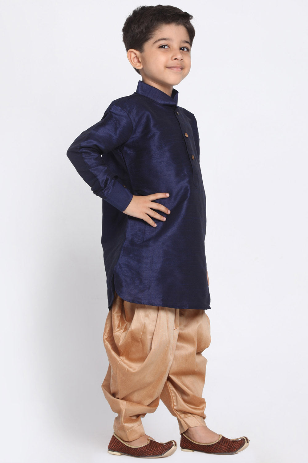 Boy's Cotton Art Silk Kurta Set In Deep Blue