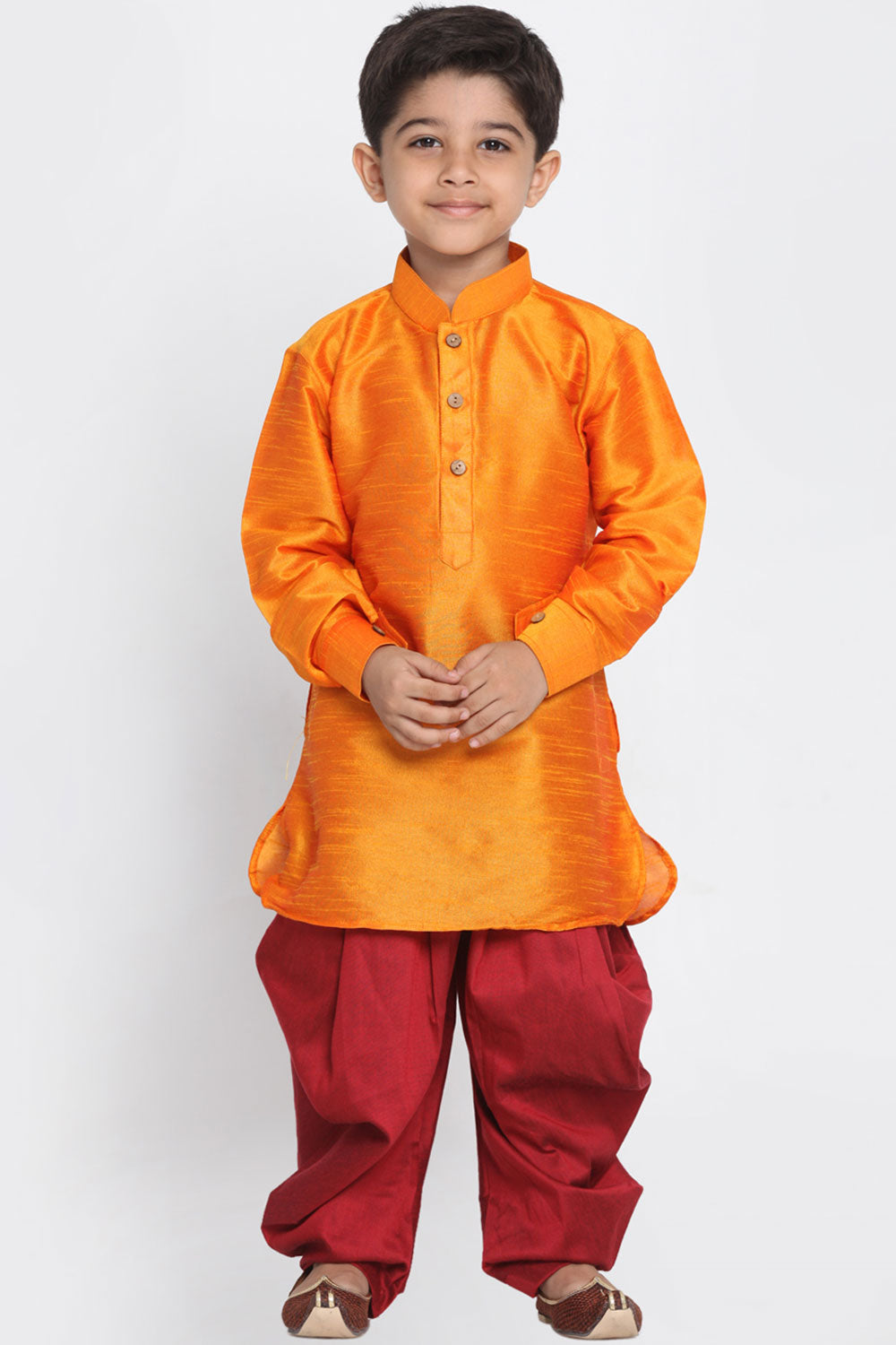 Buy Boys Art Silk Solid Kurta and Dhoti Set in Orange