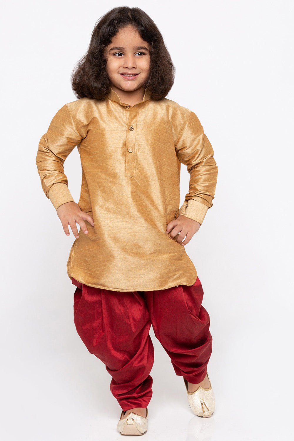 Boy's Cotton Art Silk Kurta Set In Gold