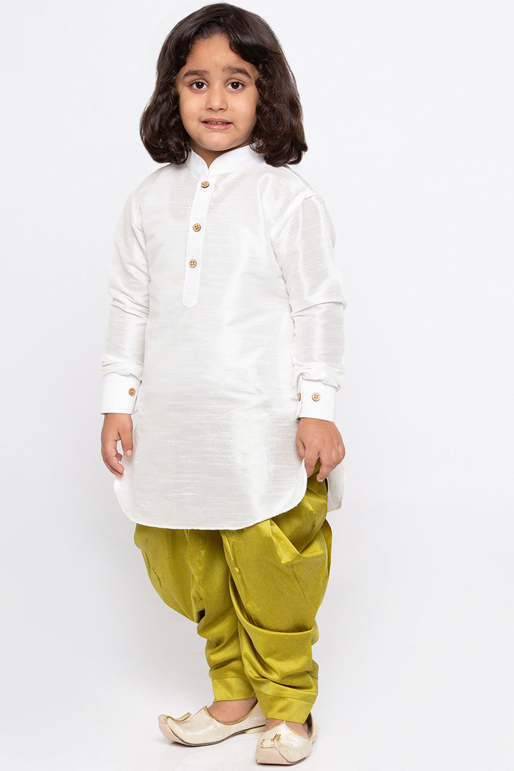 Boy's Cotton Art Silk Kurta Set In White