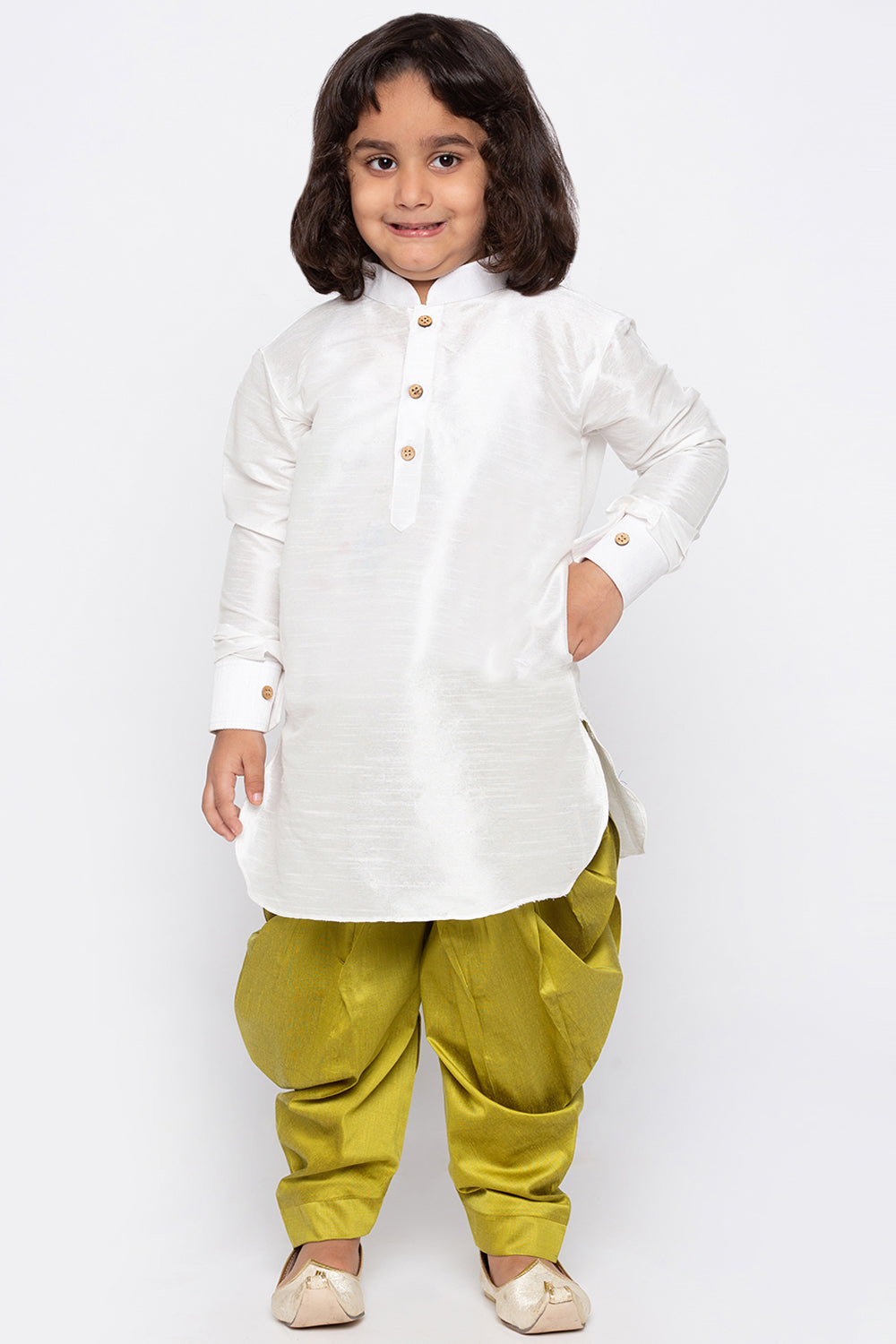 Boy's Cotton Art Silk Kurta Set In White