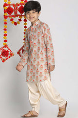 Buy Boy's Muslin Cotton Floral Print Kurta Set in Beige - Front