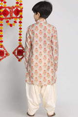 Buy Boy's Muslin Cotton Floral Print Kurta Set in Beige - Back