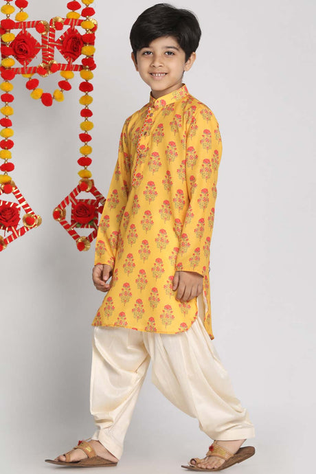 Buy Boy's Muslin Cotton Floral Print Kurta Set in Mustard - Front