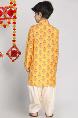 Buy Boy's Muslin Cotton Floral Print Kurta Set in Mustard - Back