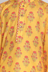 Buy Boy's Muslin Cotton Floral Print Kurta Set in Mustard - Side