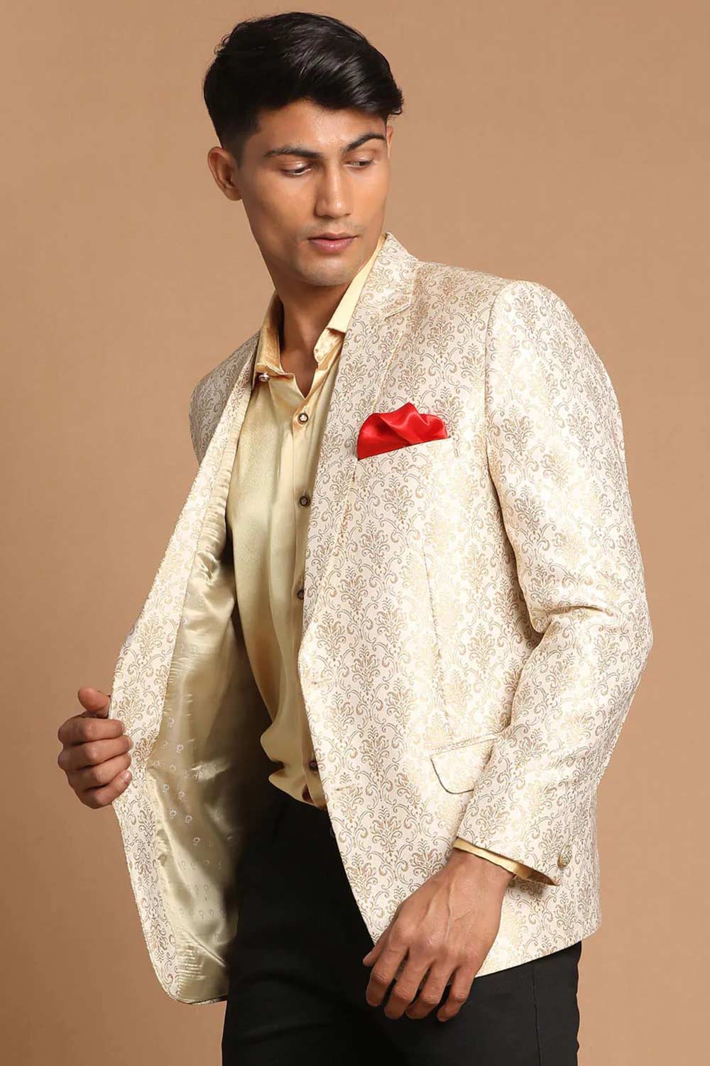Men's Gold Color Silk Blend Woven Design Blazer