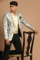 Men's Light Green Silk Blend Woven Jacquard Blazer