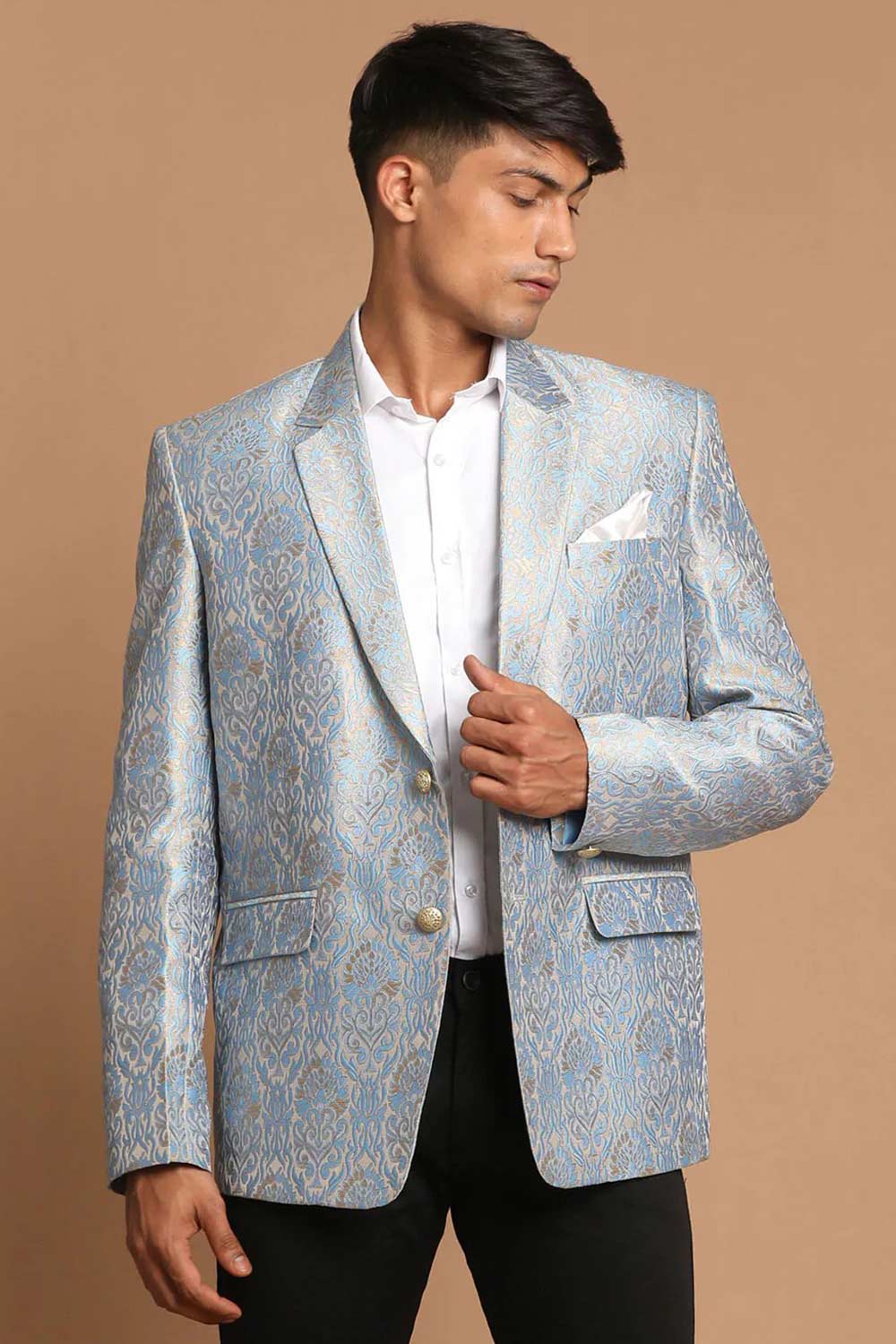 Men's Gray Color Silk Blend Woven Design Jacquard Blazer