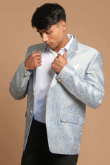 Men's Gray Color Silk Blend Woven Design Jacquard Blazer