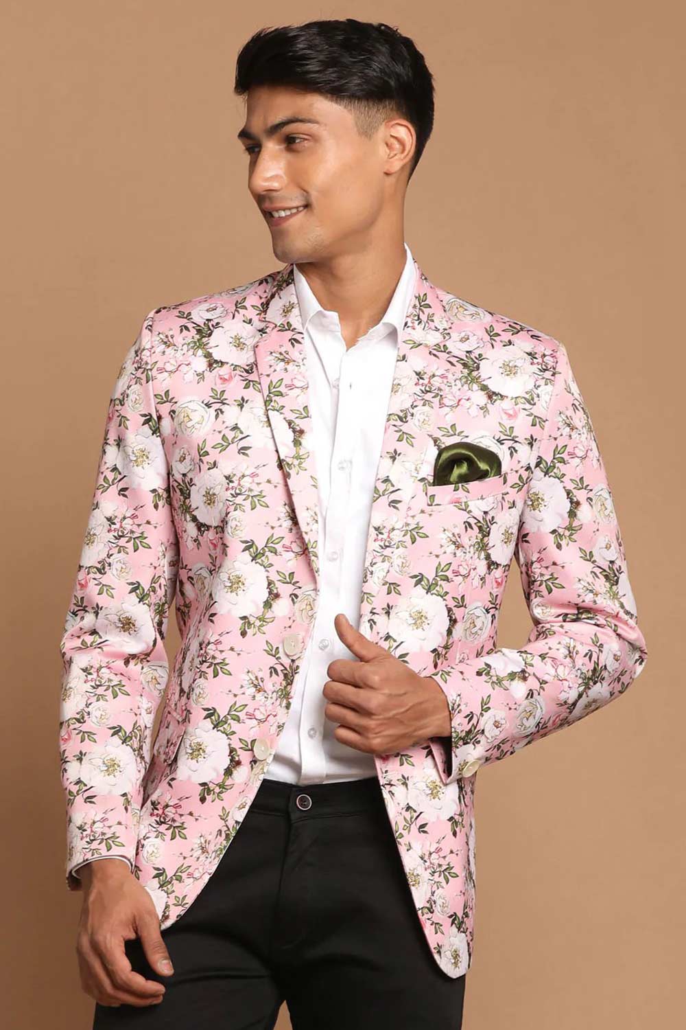 Men's Pink Color Silk Blend Floral Printed Printed Satin Twill Blazer
