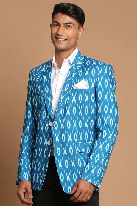 Men's Turquoise Blue Cotton Blend Ikkat Print Blazer