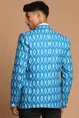 Men's Turquoise Blue Cotton Blend Ikkat Print Blazer