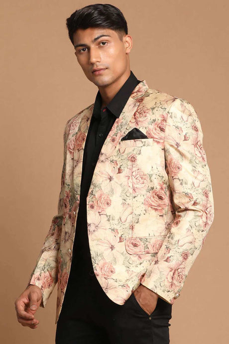 Men's Beige Color Silk Blend Floral Print Blazer
