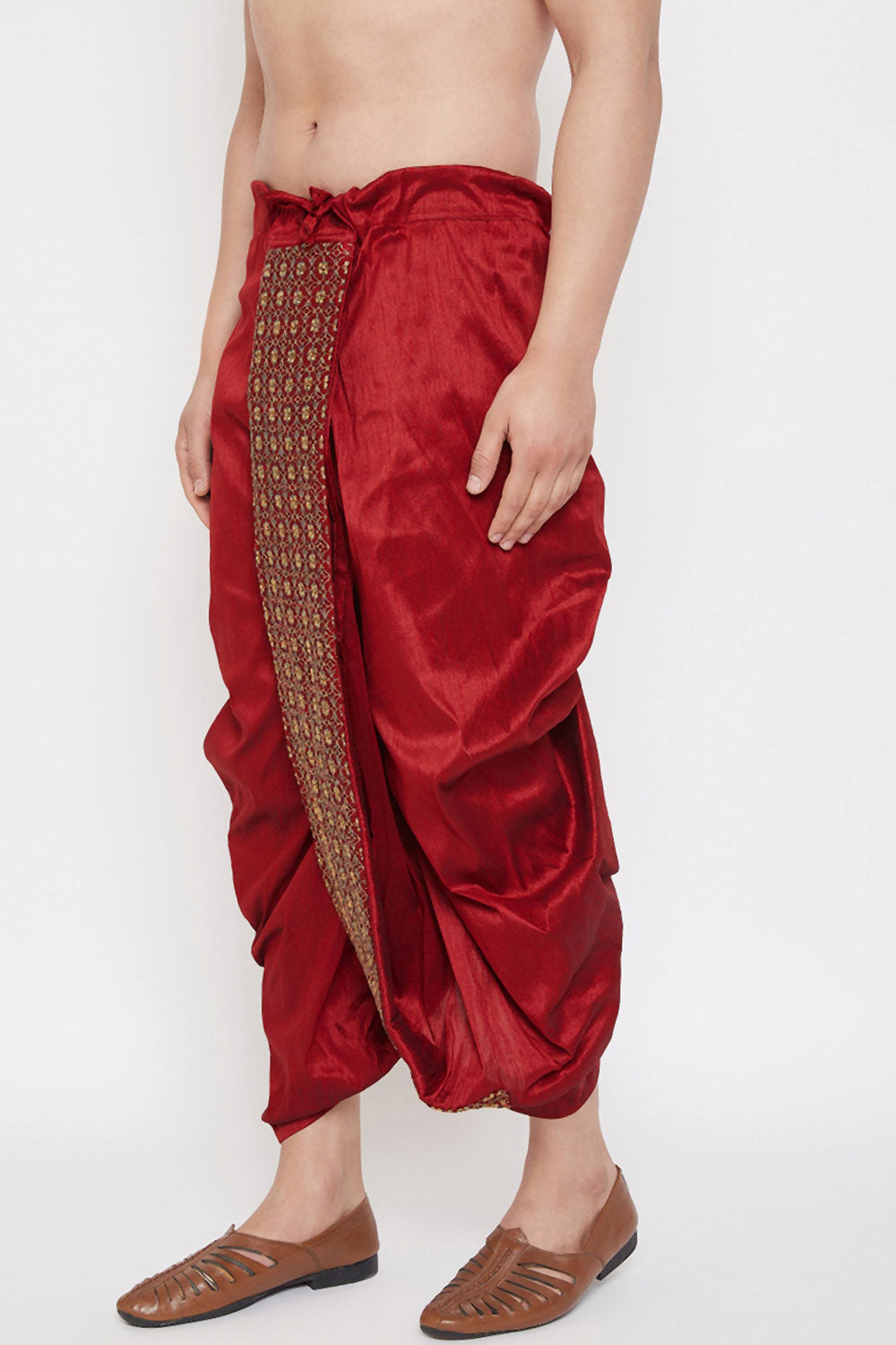 Embroidered Red Art Silk Men's Dhoti