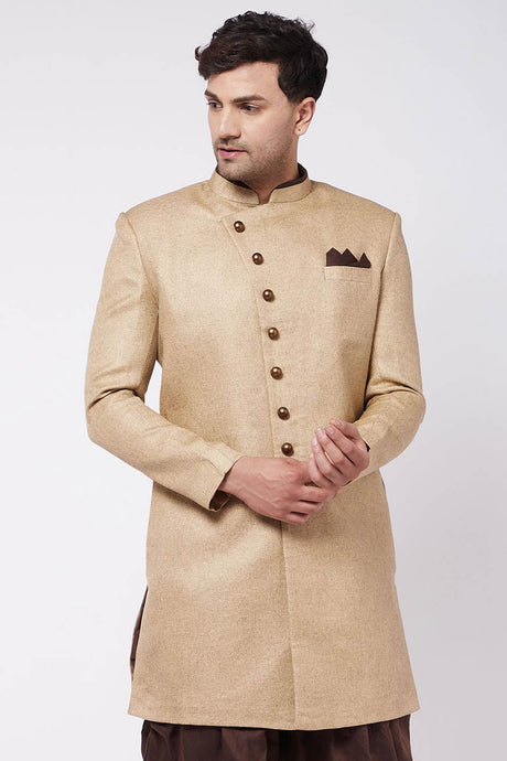 Buy Men's Polyester Solid Sherwani in Beige