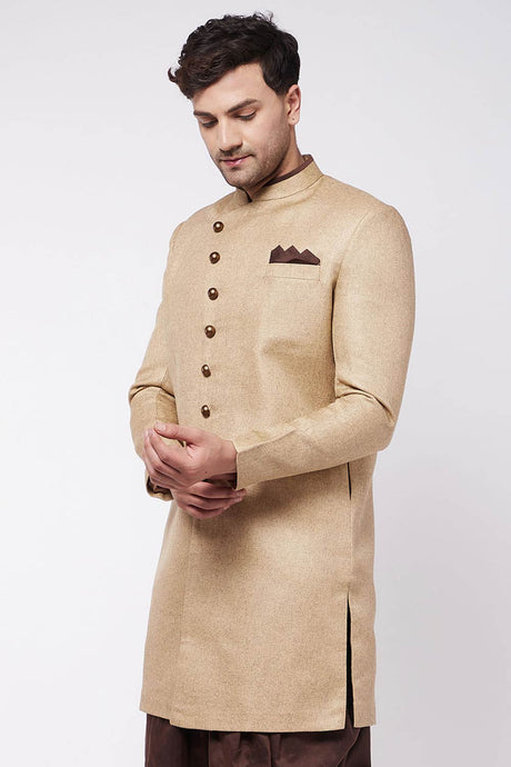 Buy Men's Polyester Solid Sherwani in Beige - Front