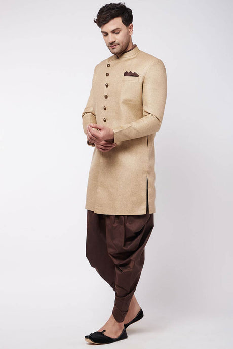 Buy Men's Polyester Solid Sherwani Set in Beige - Front