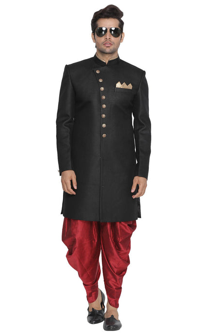 Men's Blended Cotton Sherwani Set in Black