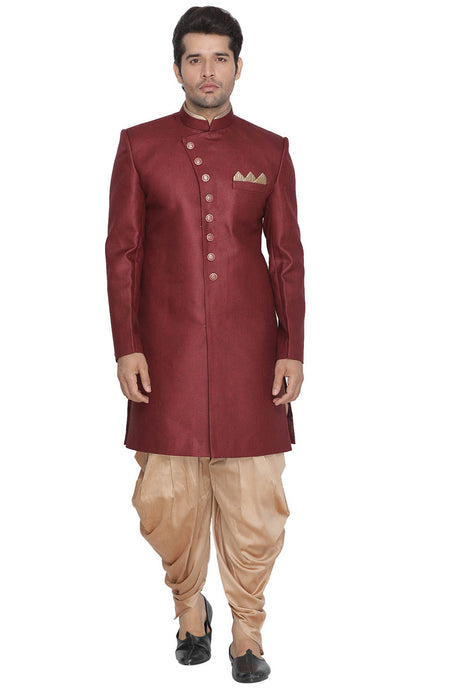 Men's Blended Cotton Sherwani Set in Maroon