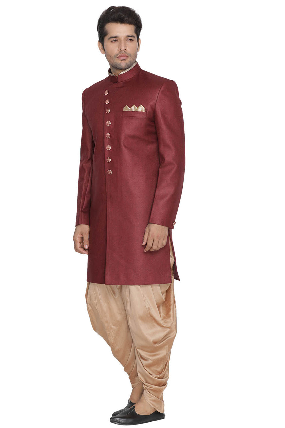 Men's Blended Cotton Sherwani Set In Maroon