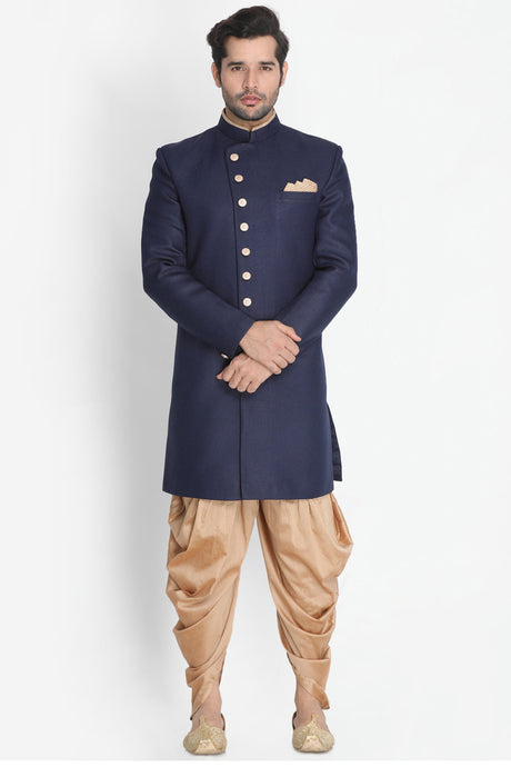 Men's Art Silk Sherwani Set In Dark Blue