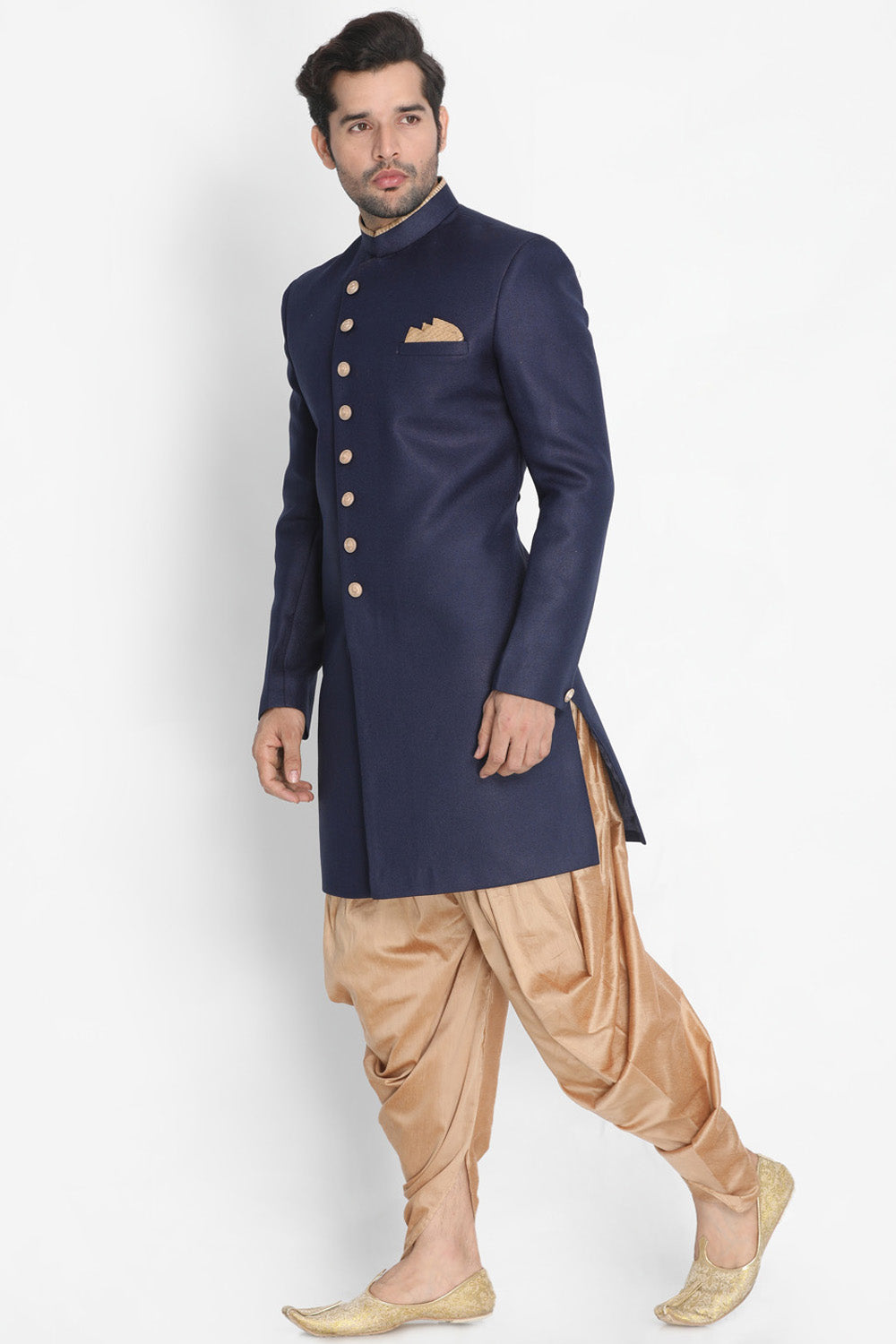 Men's Art Silk Sherwani Set In Dark Blue