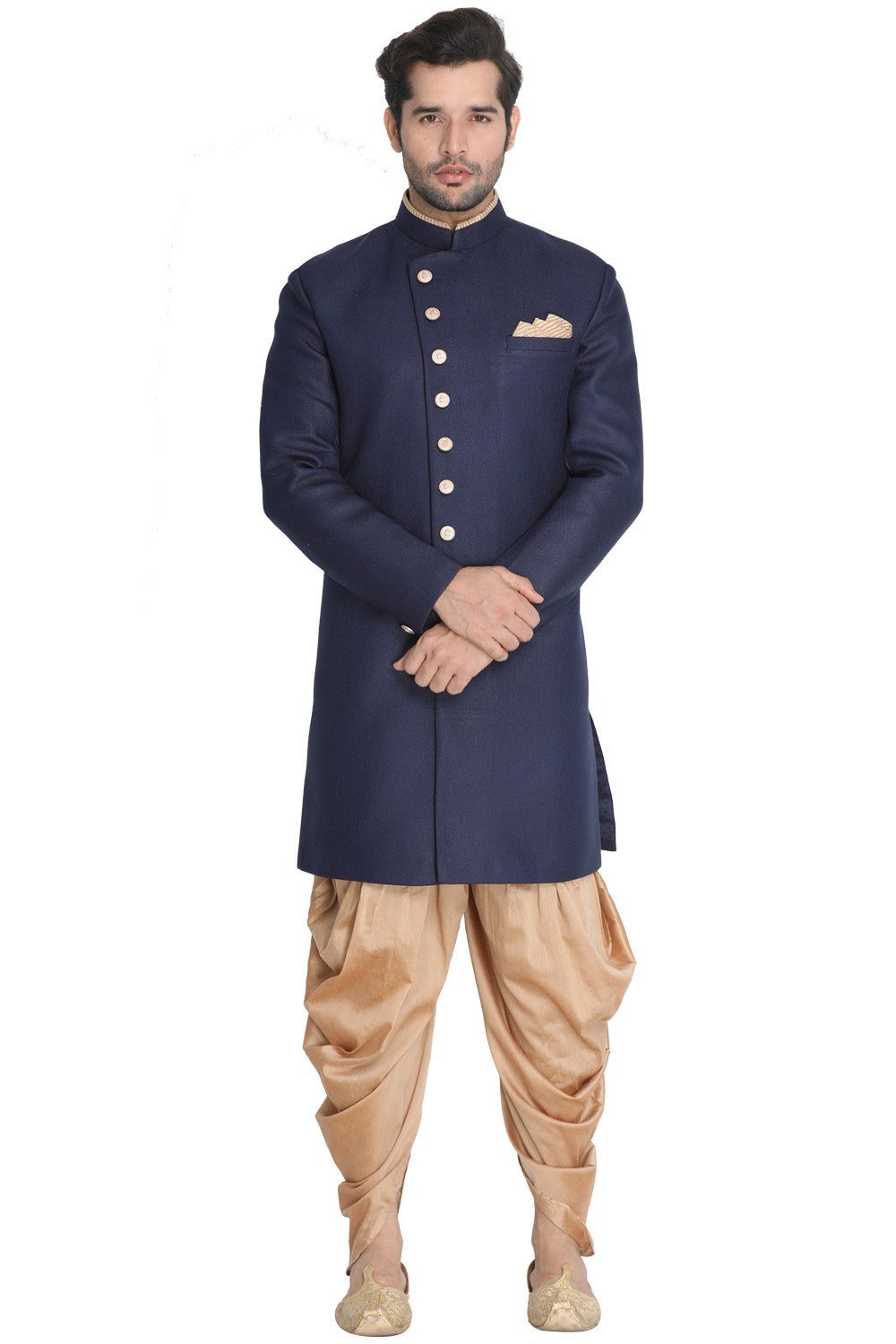 Men's Art Silk Sherwani Set In Dark Blue