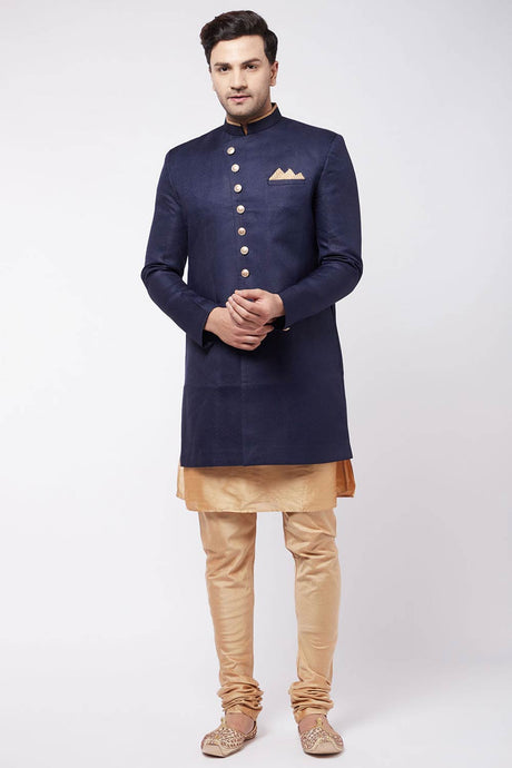 Buy Men's Blended Silk Solid Sherwani Set in Rose Gold