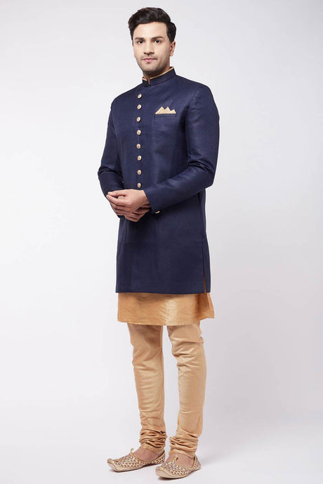 Buy Men's Blended Silk Solid Sherwani Set in Rose Gold - Front