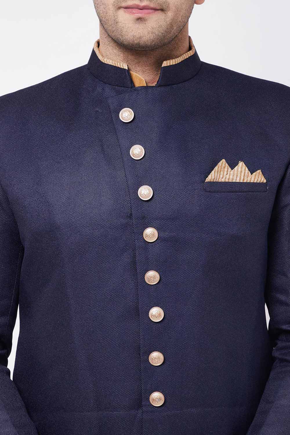 Buy Men's Blended Silk Solid Sherwani Set in Rose Gold - Side