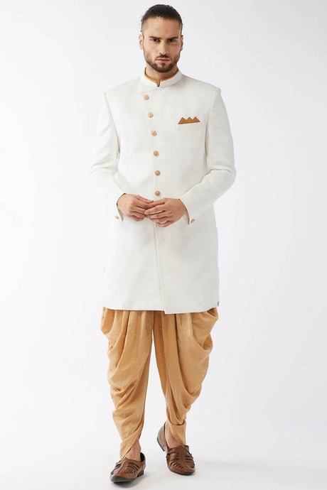 Buy Men's Polyester Solid Sherwani Set in White