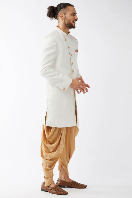 Buy Men's Polyester Solid Sherwani Set in White - Front