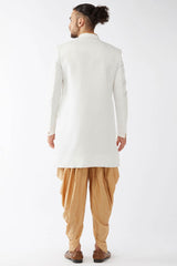 Buy Men's Polyester Solid Sherwani Set in White - Back