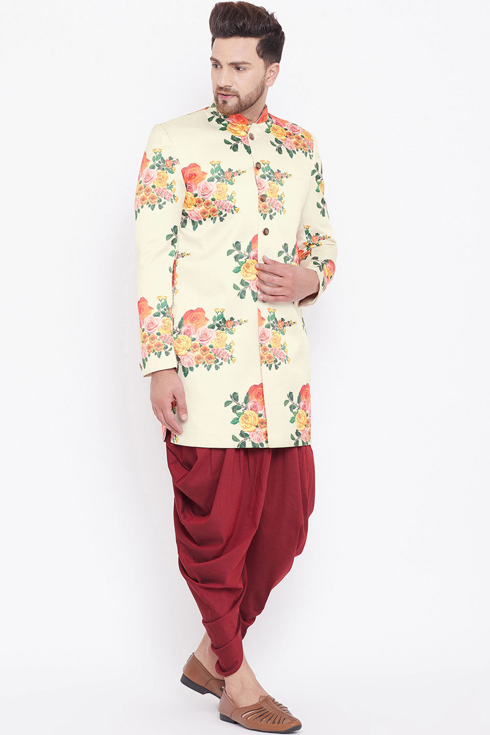 Buy Men's Sherwani Set in Multicolor-Cream