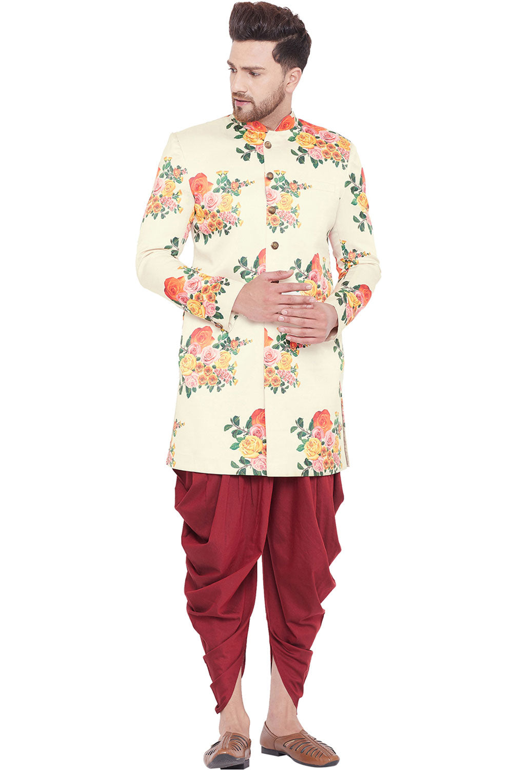 Buy Men's Art Silk Floral Sherwani Set in Multicolor-Cream