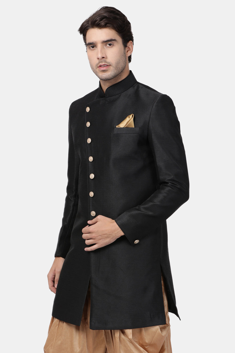 Men's Art Silk Sherwani In Black