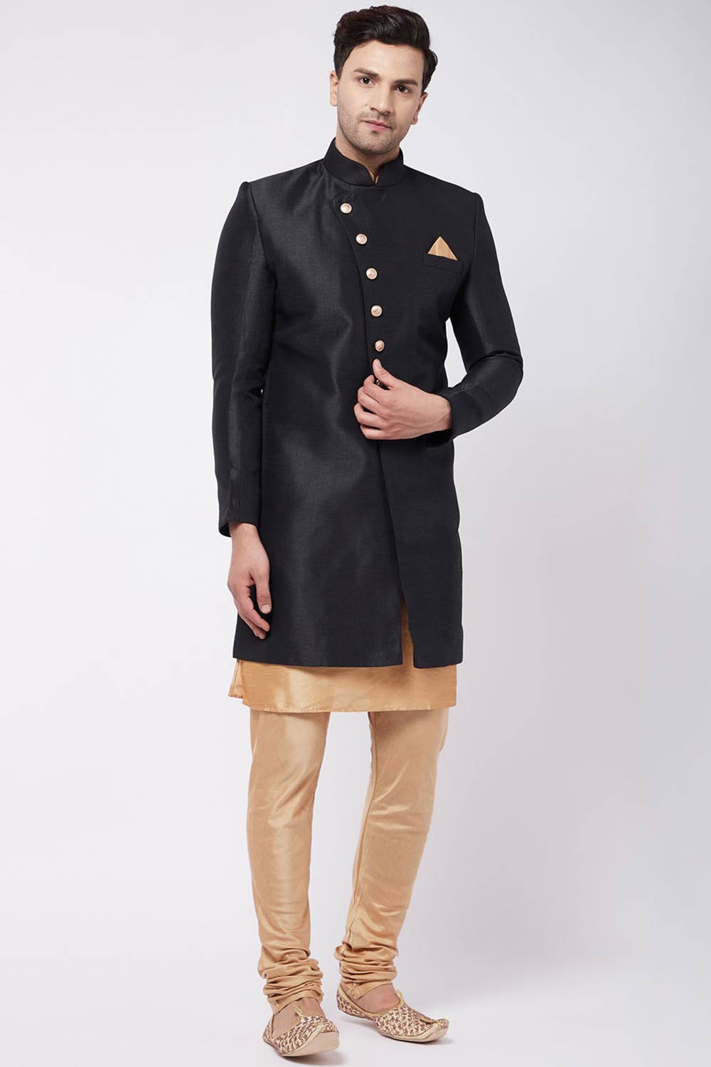 Buy Men's Blended Silk Solid Sherwani Set in Rose Gold