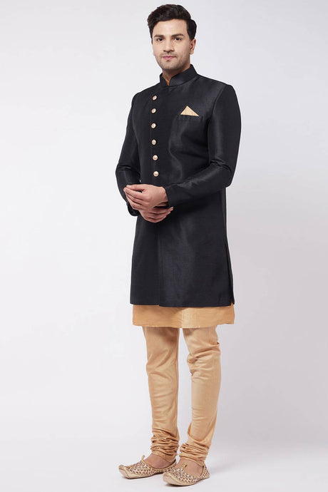 Buy Men's Blended Silk Solid Sherwani Set in Rose Gold - Front