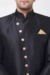 Buy Men's Blended Silk Solid Sherwani Set in Rose Gold - Side