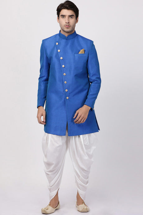 Men's Art Silk Sherwani Set In Blue