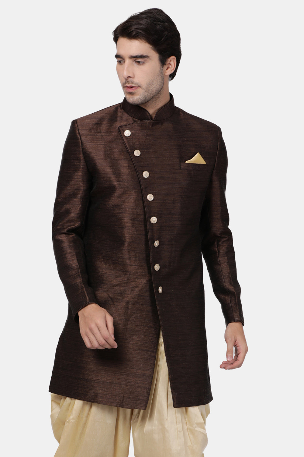 Men's Art Silk Sherwani In Brown