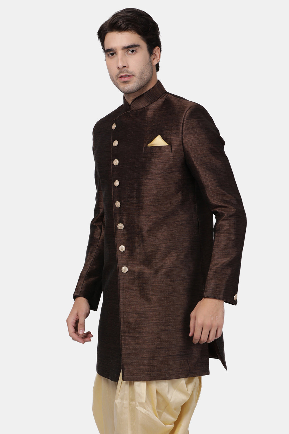 Men's Art Silk Sherwani In Brown