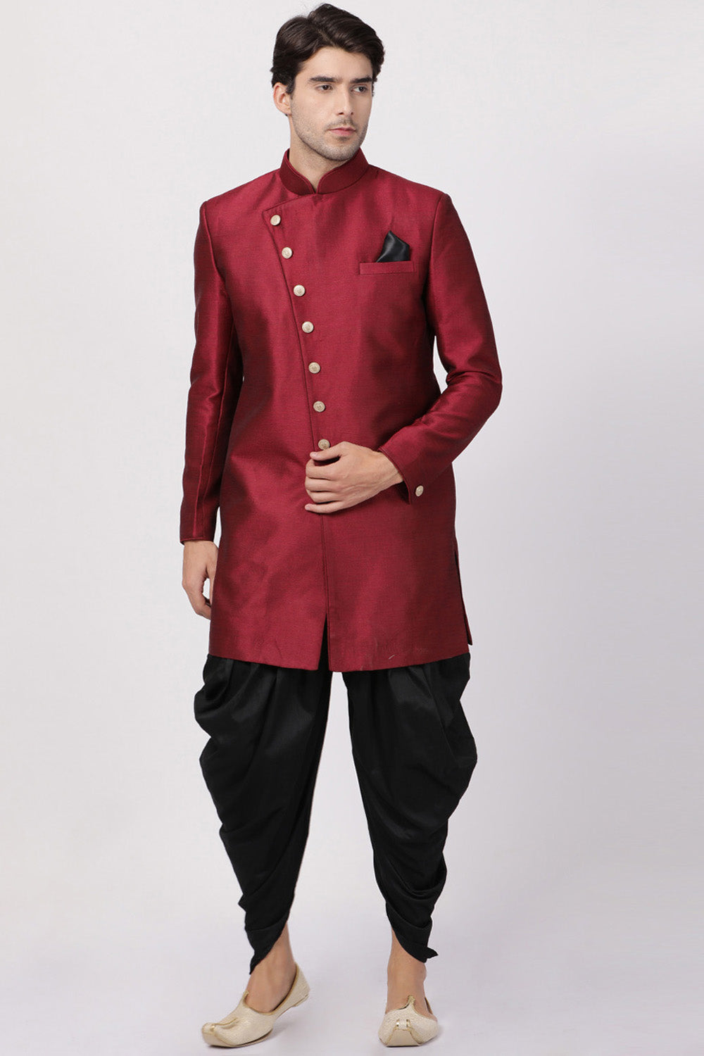 Men's Art Silk Sherwani Set In Maroon