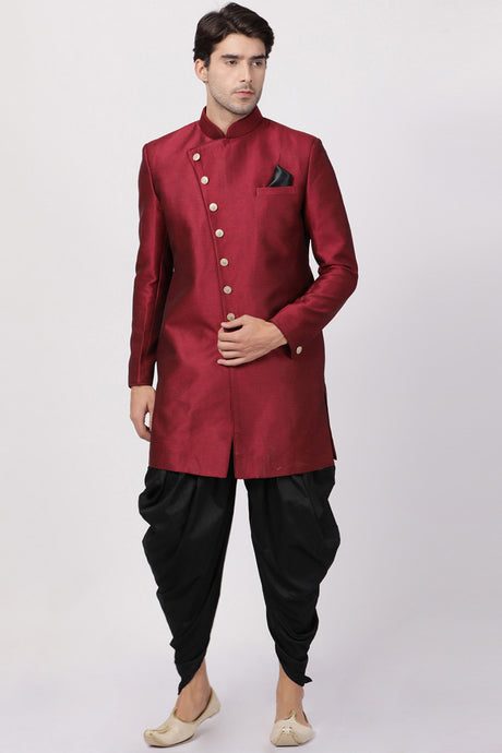 Men's Art Silk Sherwani Set in Maroon