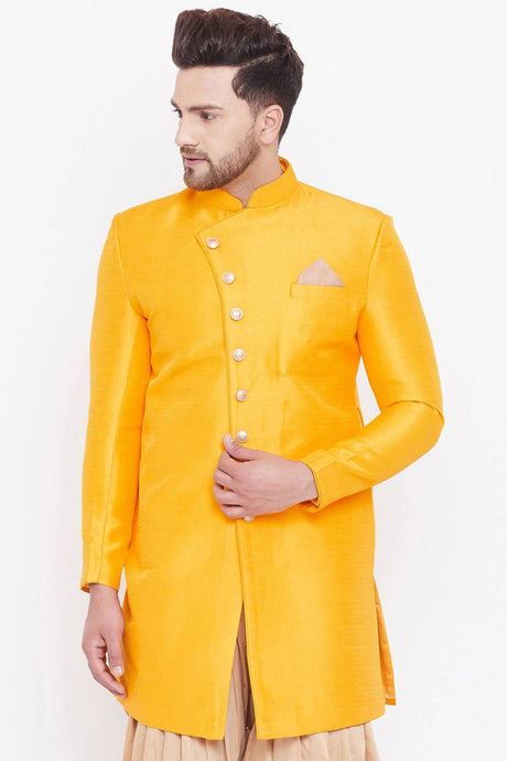 Buy Men's Blended Silk Solid Sherwani in Mustard