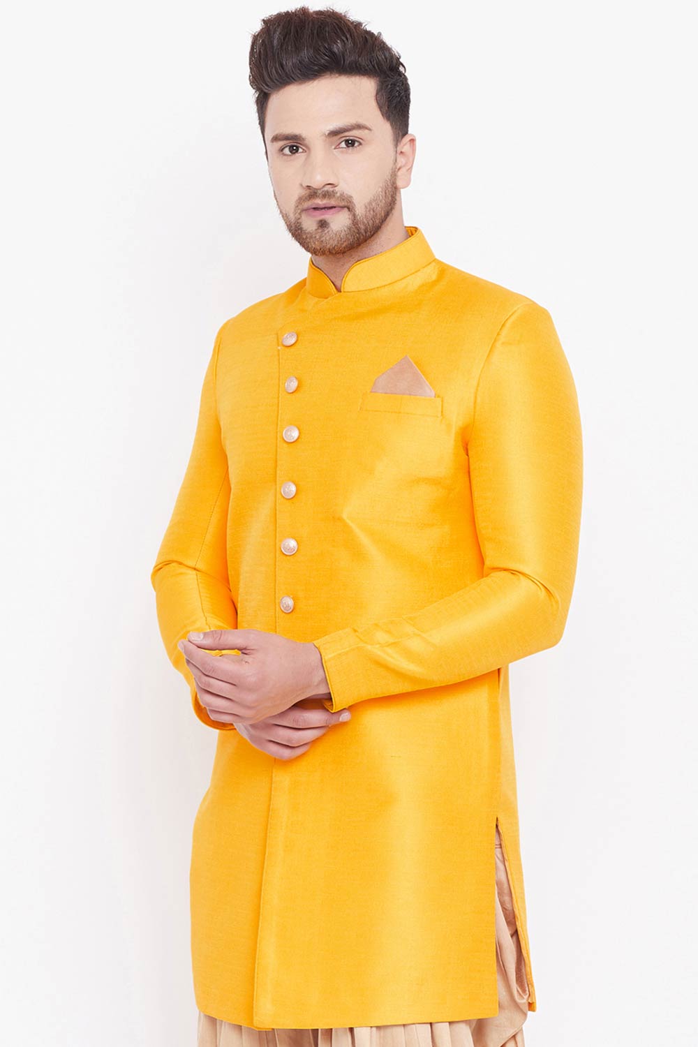 Buy Men's Blended Silk Solid Sherwani in Mustard - Front